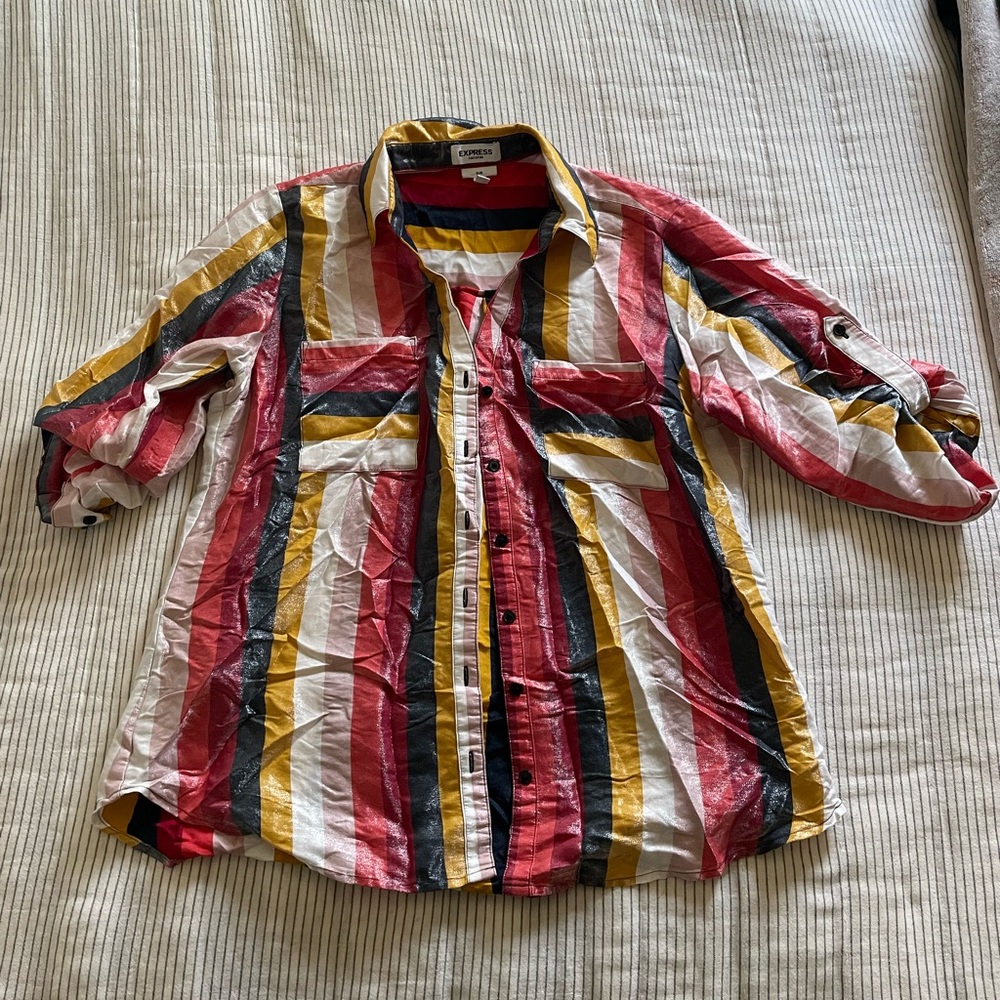 Express Red and Yellow Casual Button Down Shirt